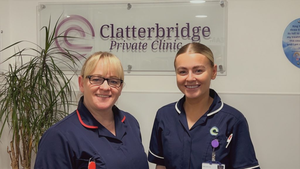 A photograph of Clatterbridge Private Clinic's two new recruits, Claire Jago, Clinic Ward Manager, and Freya Bebb, Senior Chemotherapy Nurse. 