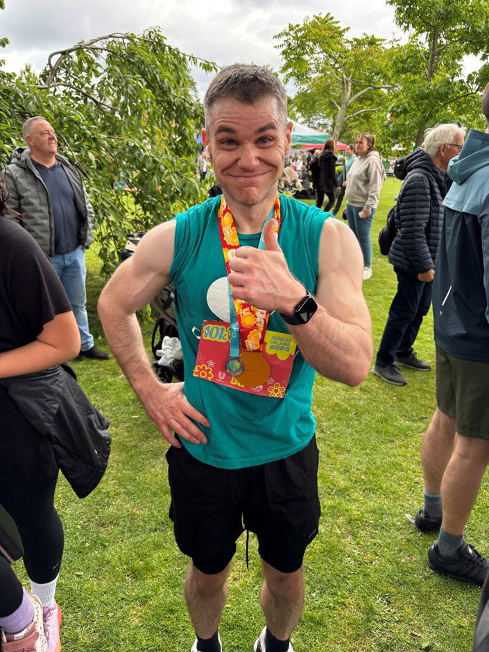 A picture of Dr Ian Lampkin after finishing the Port Sunlight 10k he ran for Clatterbridge Cancer Charity. 
